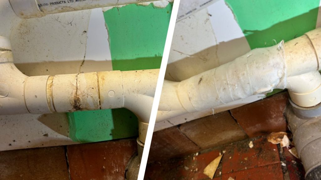 A leaking 50mm plastic pipe connected to a dishwasher undergoes live leak repair at a golf club