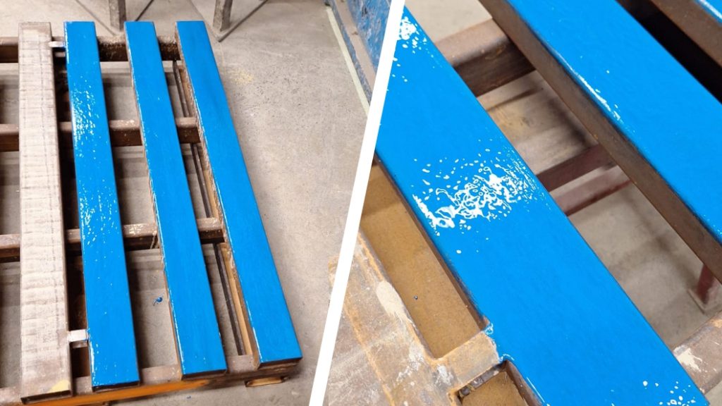 Ceramic Brushable Blue Epoxy Coating is used to repair metal pallets damaged by impact, abrasion and wear