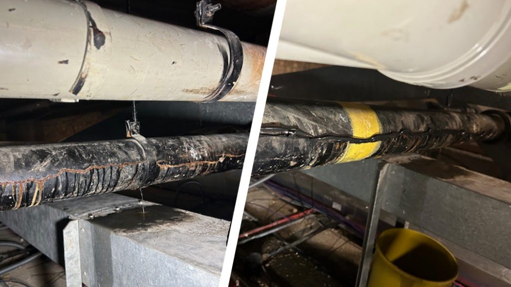 A cast iron soil pipe leaking wastewater above a hospital ward undergoes repair using CrackSeal Sealant