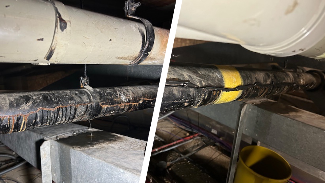 A cast iron soil pipe leaking wastewater above a hospital ward undergoes repair using CrackSeal Sealant