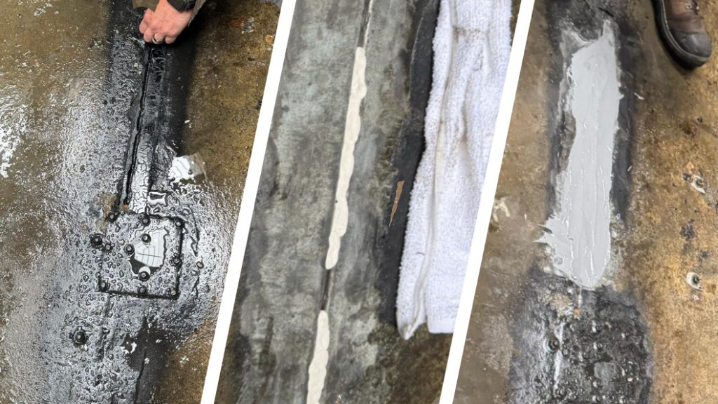 A leaking HVAC cooling tower undergoes repair at a production facility in the USA