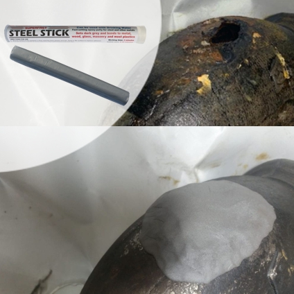 Superfast Steel Epoxy Putty Stick making a fast, permanent repair to a leaking waste pipe