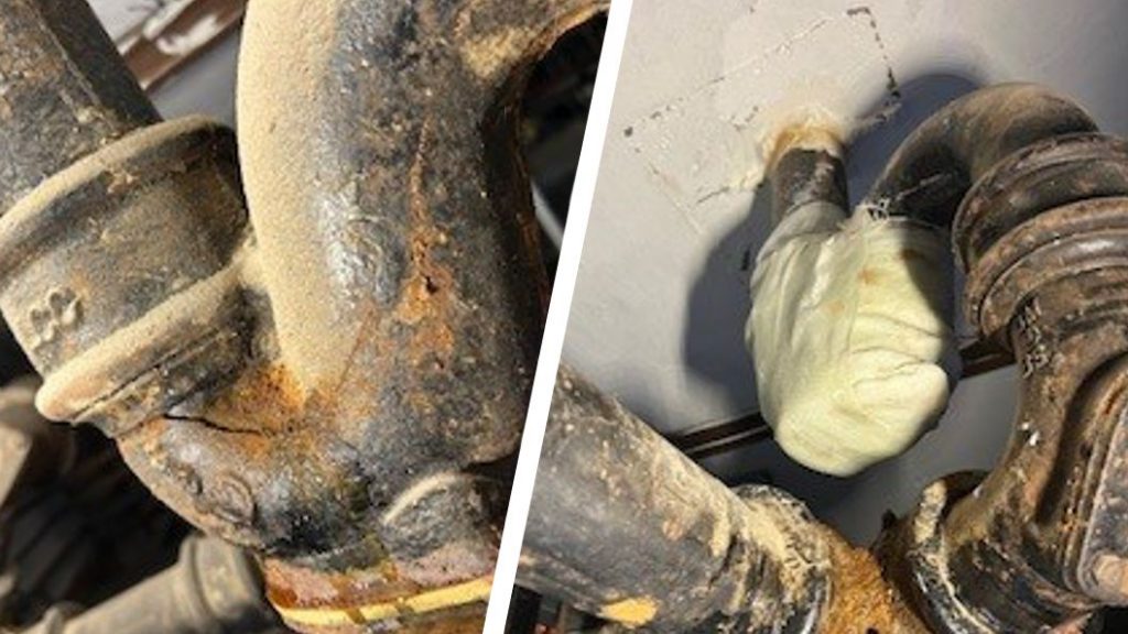 A cast iron pipe U-bend with a hairline crack at a UK hospital is sealed with a SylWrap Drain & Waste Pipe Repair Kit