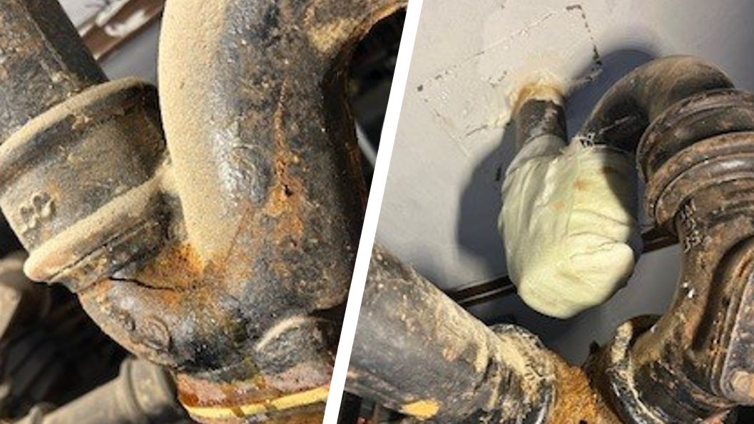 A cast iron pipe U-bend with a hairline crack at a UK hospital is sealed with a SylWrap Drain & Waste Pipe Repair Kit