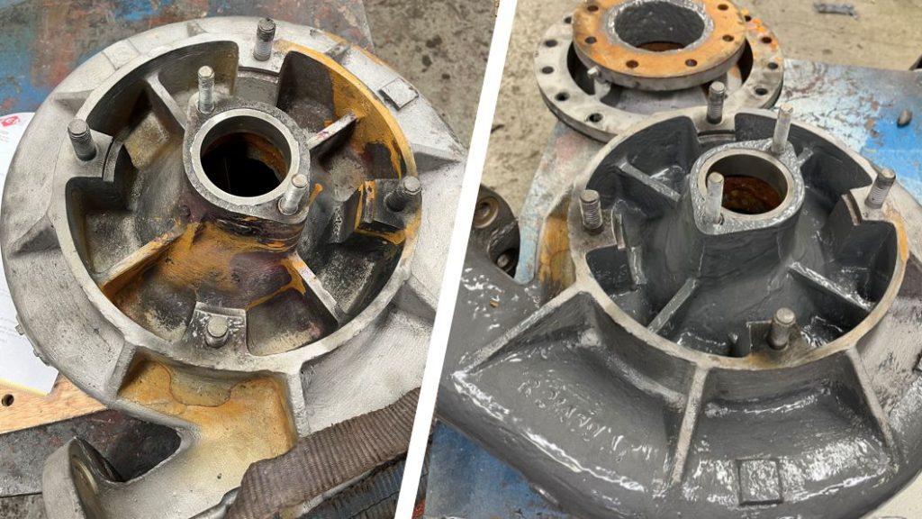 Liquid Metal Epoxy Coating used to repair and refurbish a corroded and leaking Worthington Simpson pump
