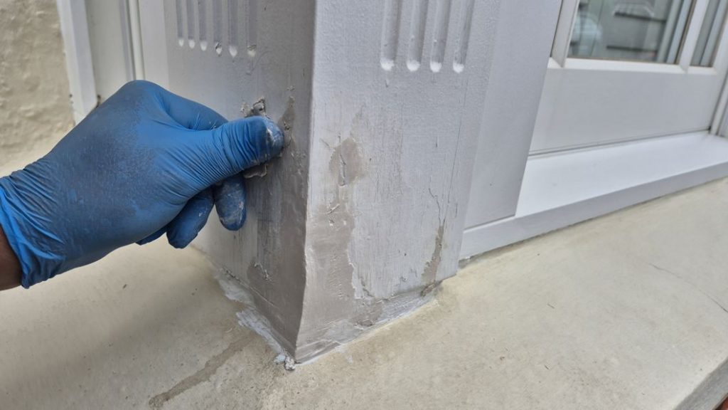 AB Original Epoxy Putty applied to rebuild and repair the heavily rotted corner of a bay sash window