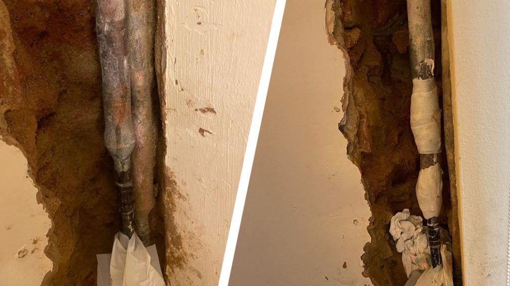 A leaking 25mm vertical lead water supply pipe inside a wall of a house is sealed with a SylWrap Universal Pipe Repair Kit