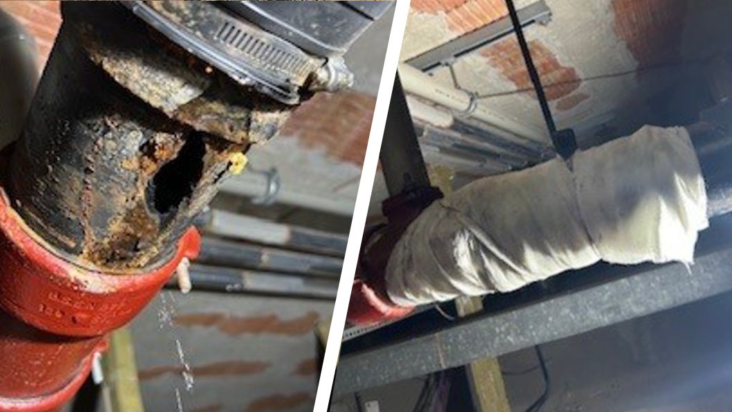 80mm hole in a cast iron wastewater drain pipe undergoes repair with SylWrap HD Pipe Repair Bandage