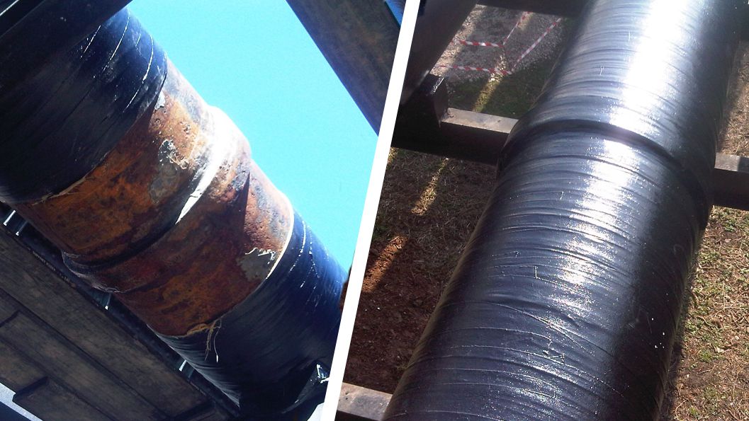 A corroded pipe bridge over a path in the United Kingdom undergoes reinforcement using the Sylmasta Pipe Refurbishment System