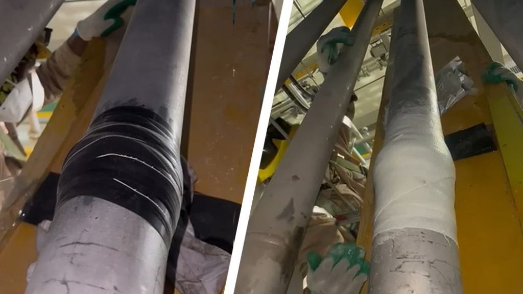 A leaking methanol pipe undergoes repair using SylWrap products at a chemical plant in Saudi Arabia