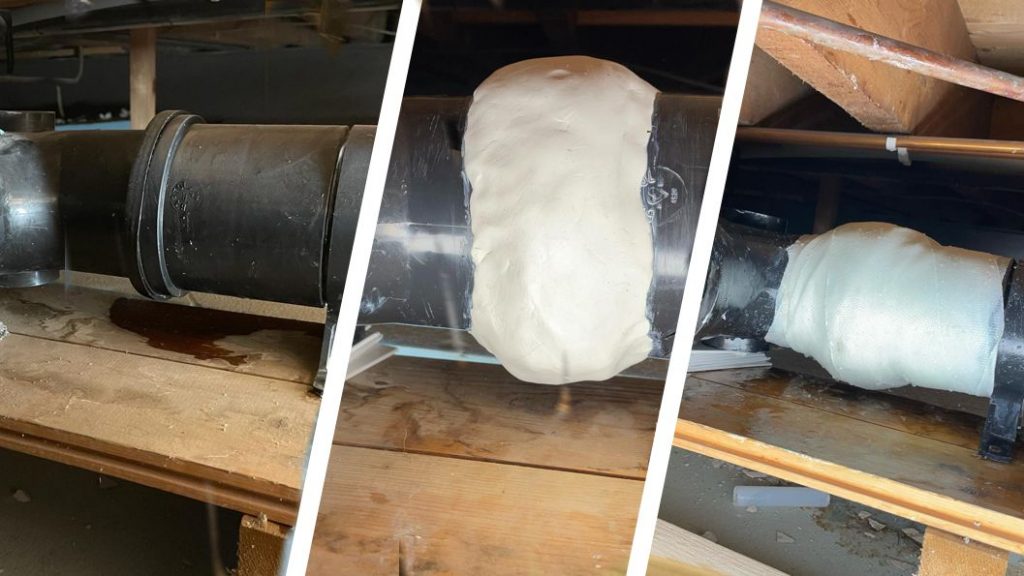 A plastic pipe joint leak through solvent cement failure undergoes a Sylmasta repair