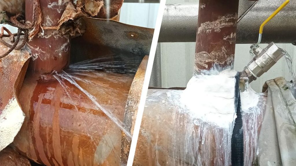 A pipe leak on a dairy deaerator tank at a cheese production plant undergoes a live leak repair with no wrapping