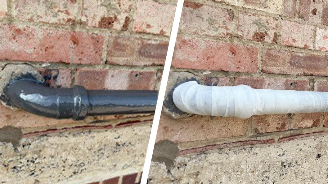 An external plastic pipe undergoes strengthening before being boxed in using Liquid Metal Epoxy Coating and SylWrap HD Pipe Repair Bandage